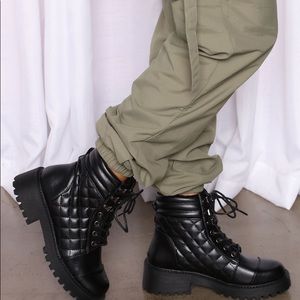 Black Faux Leather Combat Boots
